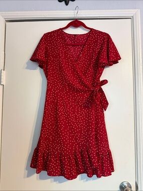 Amazon Essentials Red Polka Dot Wrap Midi Dress with Ruffle Hem